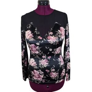 Women's BKE Boutique Black Floral Velvet Long Sleeve w/ Mesh Top | Size Medium